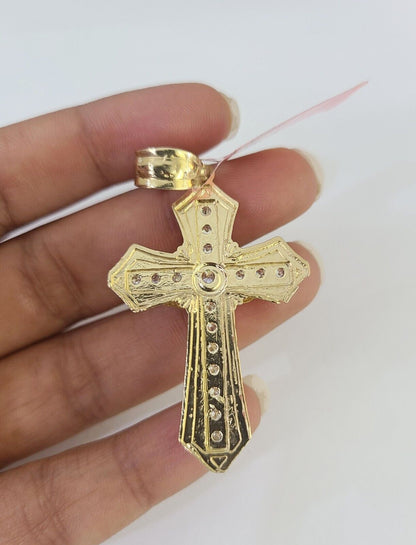 Real 14k Solid Chain Cross Charm Set Miami Cuban Link 3mm Necklace Pendant Gold