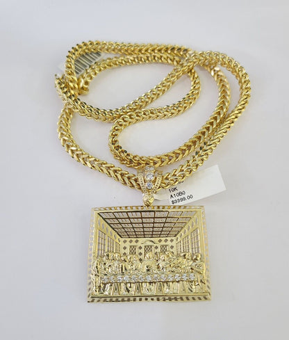 Real 10K Gold Franco Chain Last Supper Pendant Charm Necklace 20"-26" 5mm Gold SET