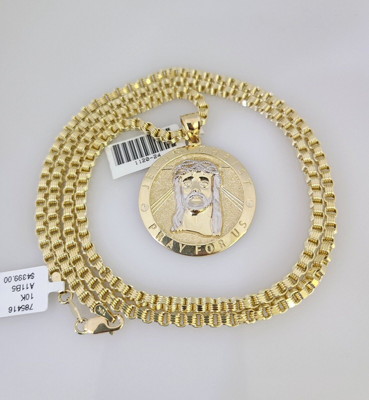 Real 10k Gold Byzantine Chain Jesus Charm Pendant SET 3mm 22 Inch Men's Necklace