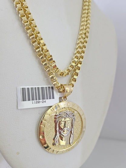Real 10k Gold Byzantine Chain Jesus Charm Pendant SET 3mm 22 Inch Men's Necklace