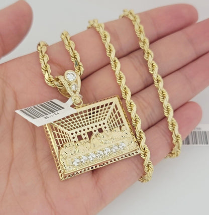 Real 10k Gold Chain Pendant SET Last Supper Charm Solid Rope Necklace 4mm 24Inch
