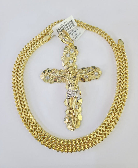 10K Yellow Gold Franco Chain & Jesus Cross Pendant SET /  Necklace 5mm 20"-26"