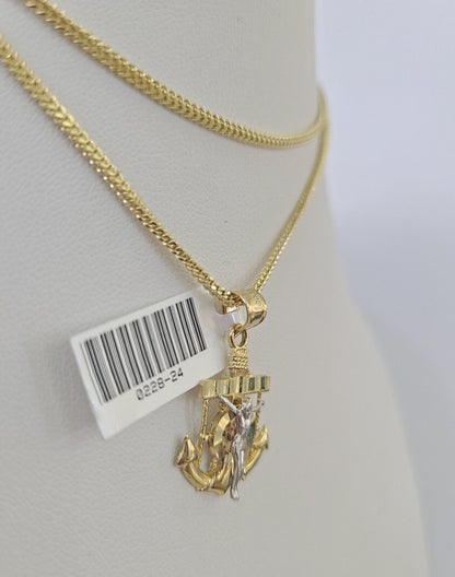 10K Solid Franco Chain Jesus Anchor Pendant Charm Necklace 18"-24" 1mm Gold