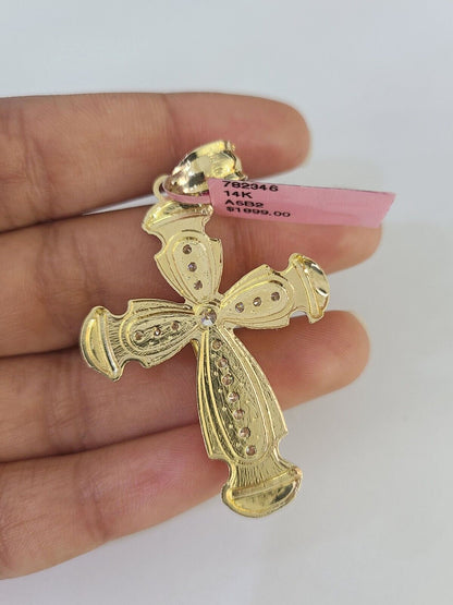 Real 14k Solid Chain Cross Charm Set Miami Cuban Link 3mm Necklace Pendant Gold