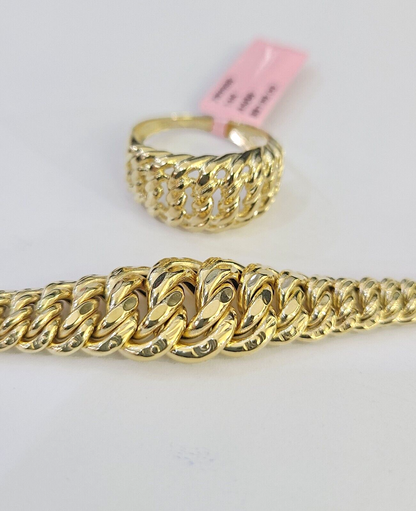14K Gold Princesa Ring Bracelet 7" 7mm Real Yellow SET Flat Byzantine Link 14Kt All Sizes
