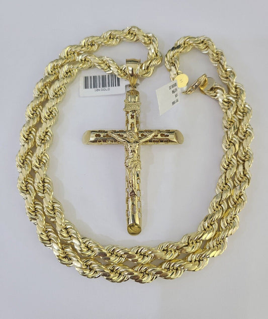 Men's 10K Gold Jesus Cross Charm Necklace 8mm Rope Chain 20–30 Inch Yellow Gold Religious Pendant Set