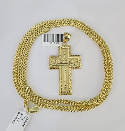 Full display of 10K yellow gold Franco chain with Last Supper cross pendant