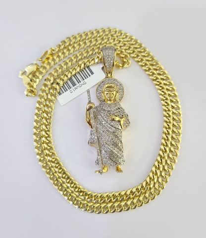 10k Miami Cuban Chain Diamond Saint Jude Charm Set 4mm 18"-28" Necklace Gold