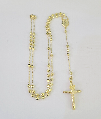 Real 14k Gold Rosary Necklace INRI Jesus Cross Women 22" Diamond Cut Solid