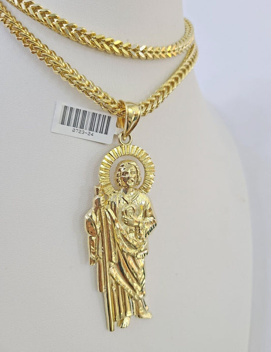 10K Franco Chain Saint Jude Pendant Charm Necklace 20"-26" 5mm Gold SET Yellow