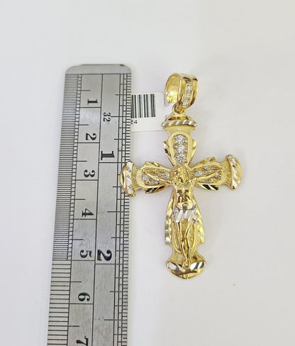 10k Solid Gold Cuban Curb Chain Jesus Cross Pendant 6mm 20"-30" SET Necklace