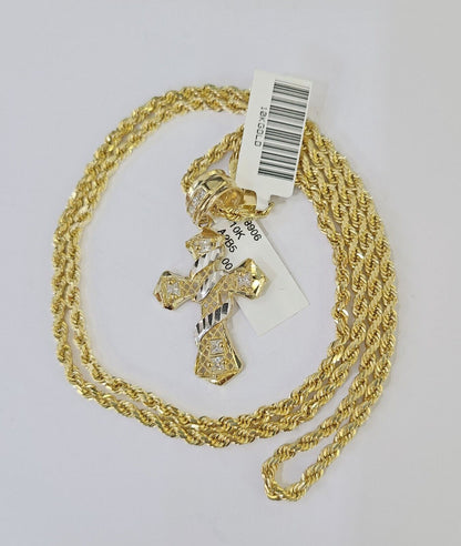 10k Gold Spiral Cross Charm Rope Chain 3mm 26'' Set Yellow Diamond Cut Real