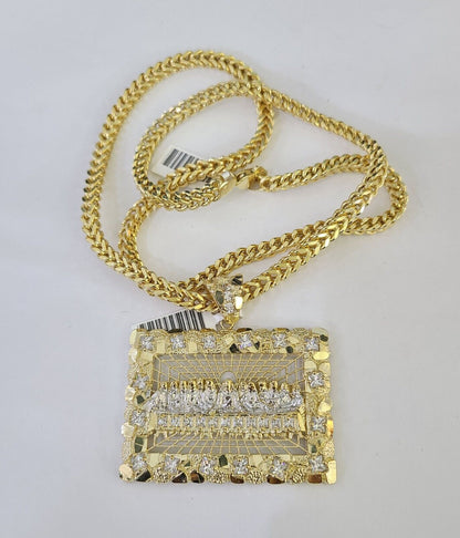 Real 10K Gold Franco Chain Last Supper Pendant Charm Necklace 20"-26" 5mm Gold SET