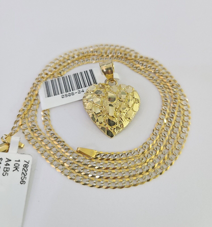 10k Solid Gold Cuban Curb Chain Hearts Pendant 2mm 18"-24" SET Necklace