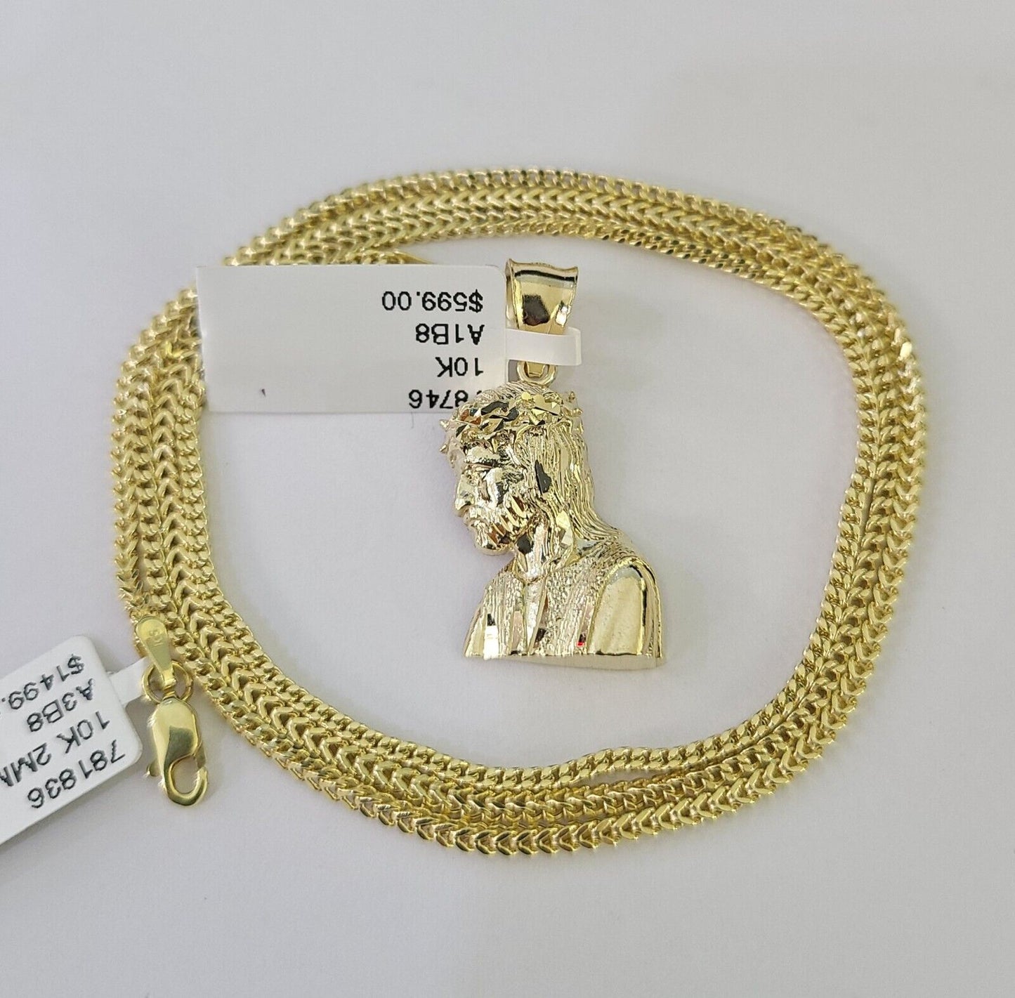 10K yellow gold Jesus head pendant and Franco chain necklace set by Reva Jeweler
