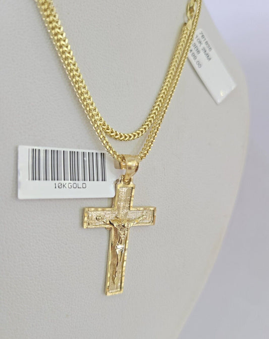 10K Franco Chain Jesus Cross Pendant Charm Necklace 16"-24" 2mm Gold SET Yellow