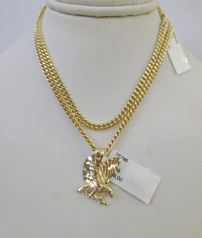 10K Gold Miami Cuban Chain Flying Eagle 18"-28" 3mm REAL Pendant Necklace SET