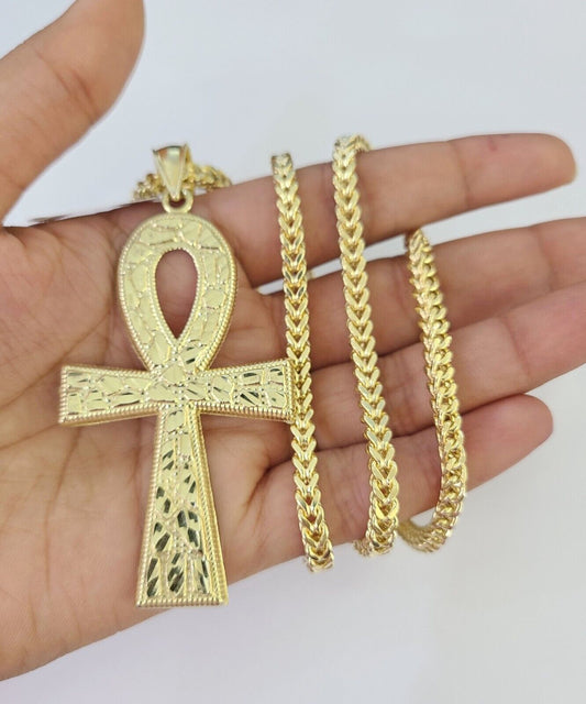 10K Franco Chain Jesus Ankh Cross Pendant Charm Necklace 20"-28" 4mm Gold Yellow