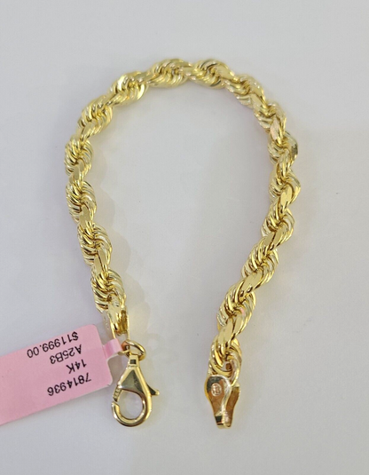 Real 14k Solid Rope Bracelet 7mm 7 Inch Men Women Diamond Cut Yellow Gold