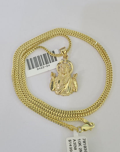 10K yellow gold Jesus pendant and Franco chain necklace set by Reva Jeweler