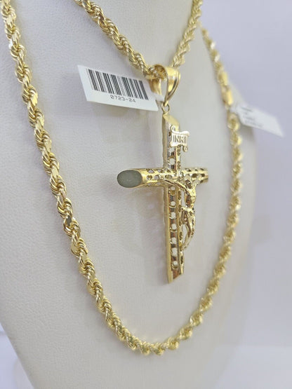 10k Solid Rope Chain INRI Jesus Cross Charm Set 4mm 20"-28" Necklace Gold Yellow