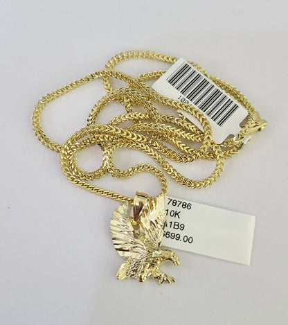 Front view of eagle pendant necklace in 10K gold with Franco chain