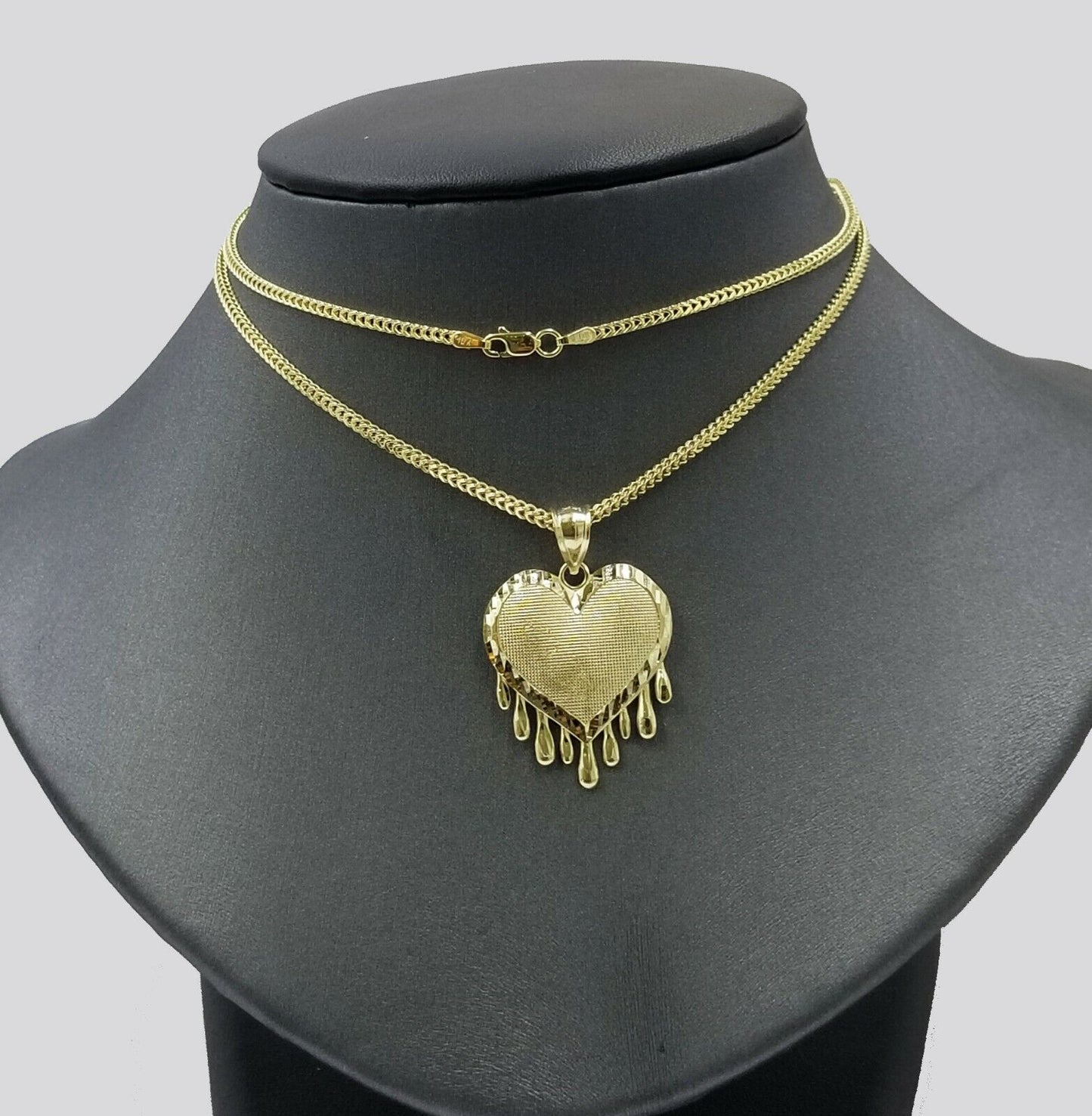 Real 10k Yellow Gold Charm Pendant Dripping heart w/ Franco Chain 18" 2mm ladies