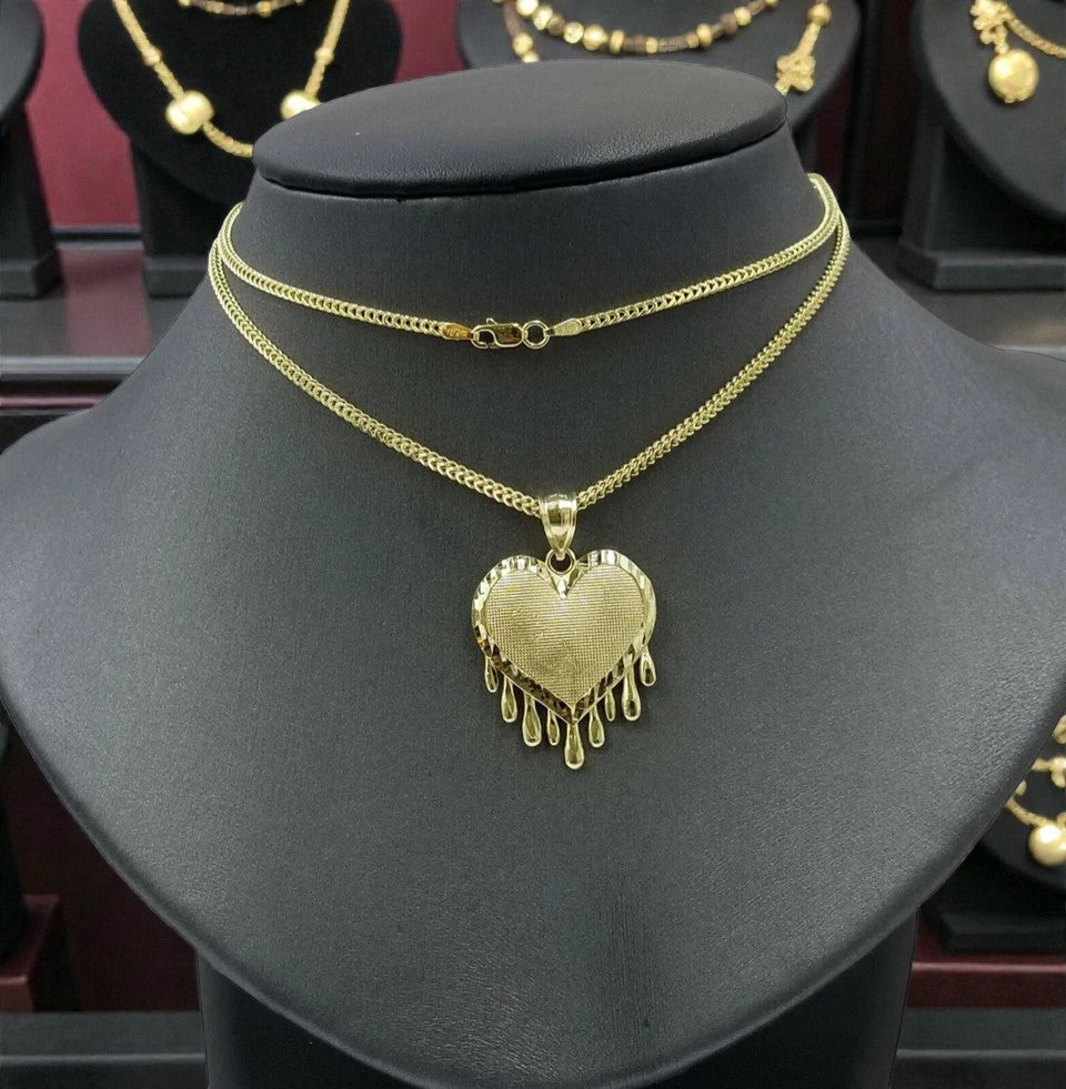 Real 10k Yellow Gold Charm Pendant Dripping heart w/ Franco Chain 18" 2mm ladies