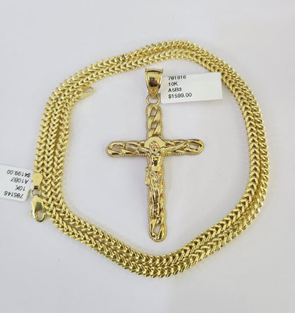 Side angle view of Franco chain necklace featuring Jesus cross pendant charm