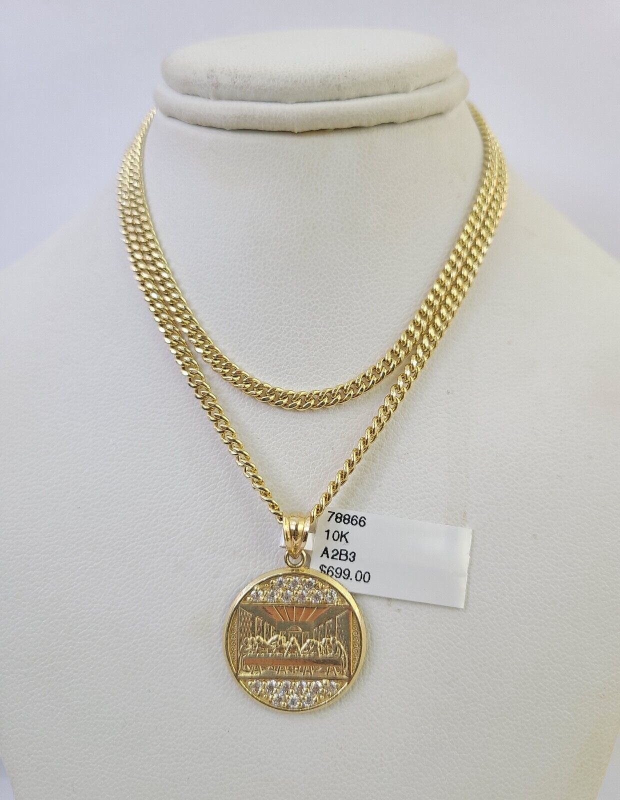 10K Gold Miami Cuban Chain Last Supper Charm 18"-28" 3mm Pendant Necklace SET