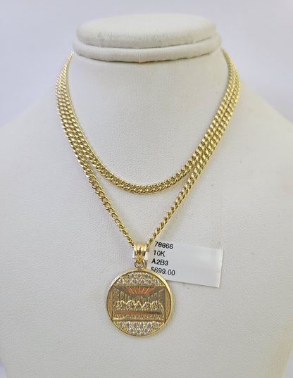 10K Gold Miami Cuban Chain Last Supper Charm 18"-28" 3mm Pendant Necklace SET