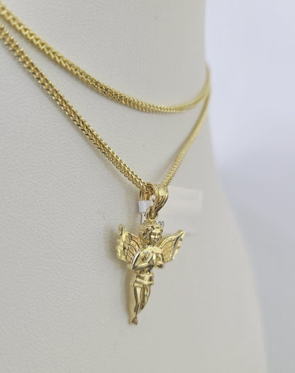 10K Solid Franco Chain Praying Angel Pendant Charm Necklace 18"-24" 1mm Gold