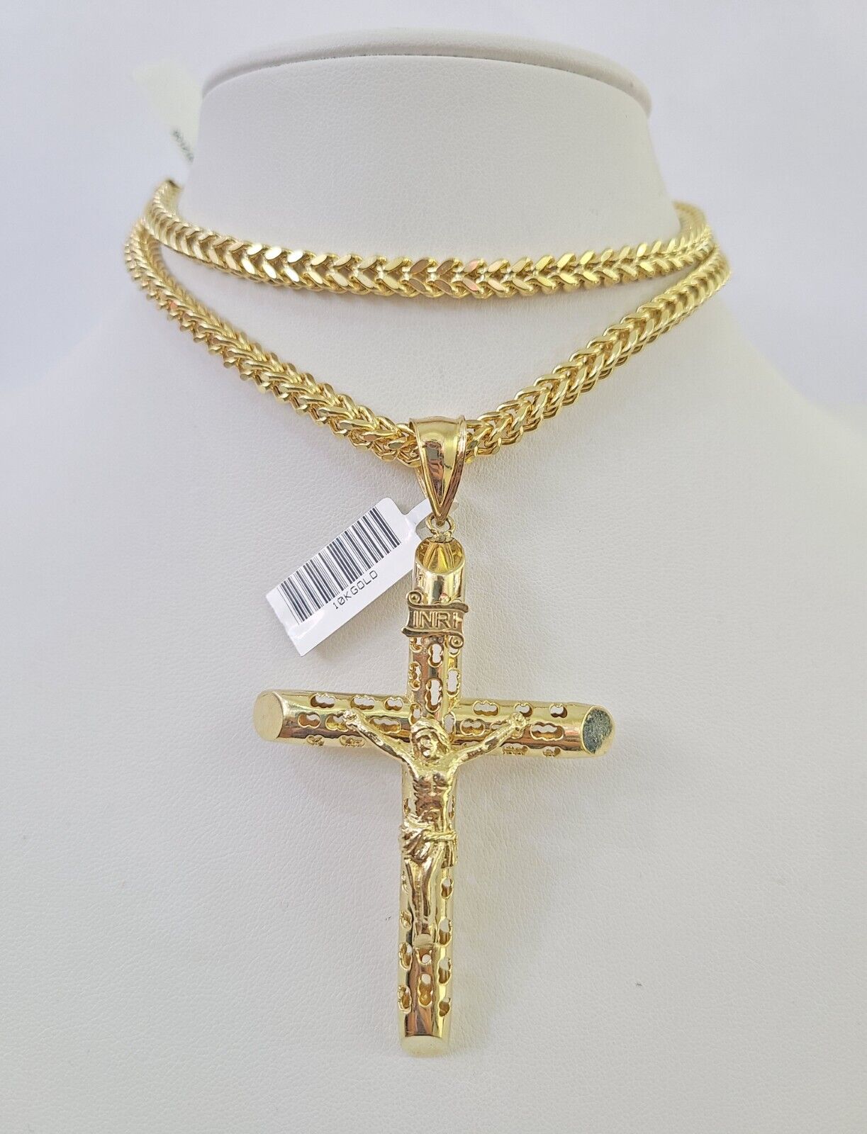 Polished 10K gold INRI cross pendant necklace with chain links