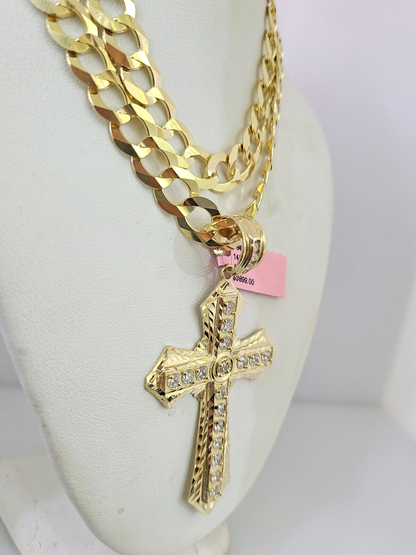 14k Gold Chain Jesus Cross Charm Solid Cuban Curb 10mm 20"-30" SET Necklace