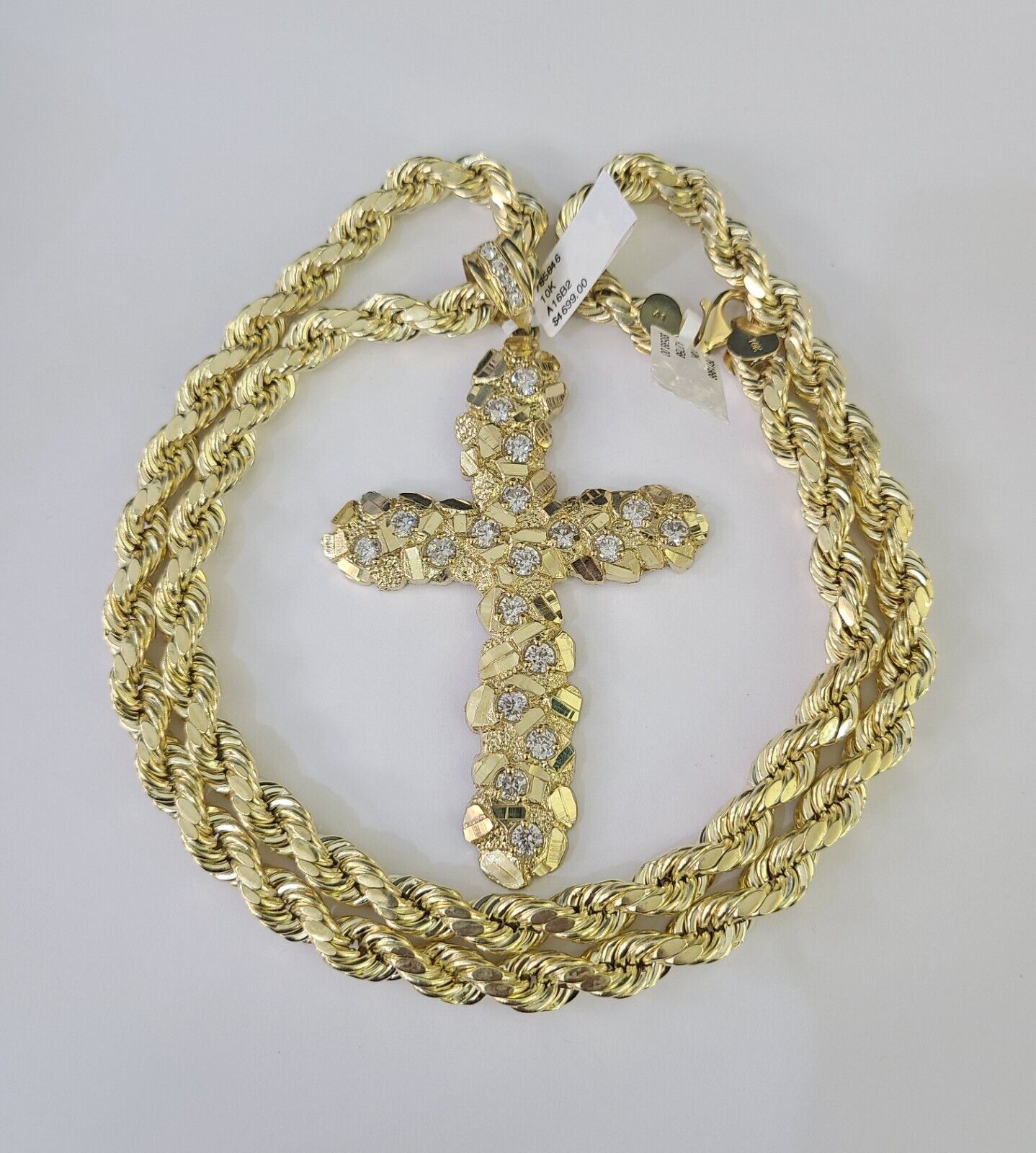 10K Gold Rope Chain Necklace with Jesus Cross Charm 8mm 20–30 Inch for Men Yellow Gold Jewelry