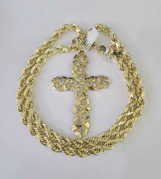 10K Gold Rope Chain Necklace with Jesus Cross Charm 8mm 20–30 Inch for Men Yellow Gold Jewelry