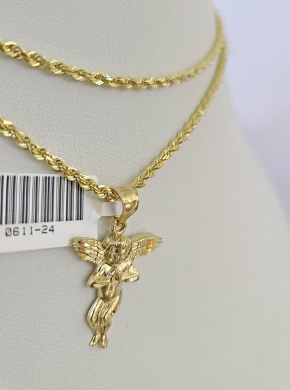 10k Solid Rope Chain 2mm Praying Angel Pendant Charm Necklace SET 18-22" Ladies