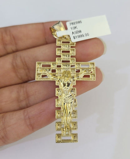 10k Solid Gold Cuban Curb Chain Jesus Cross Pendant 6mm 20"-30" SET Necklace
