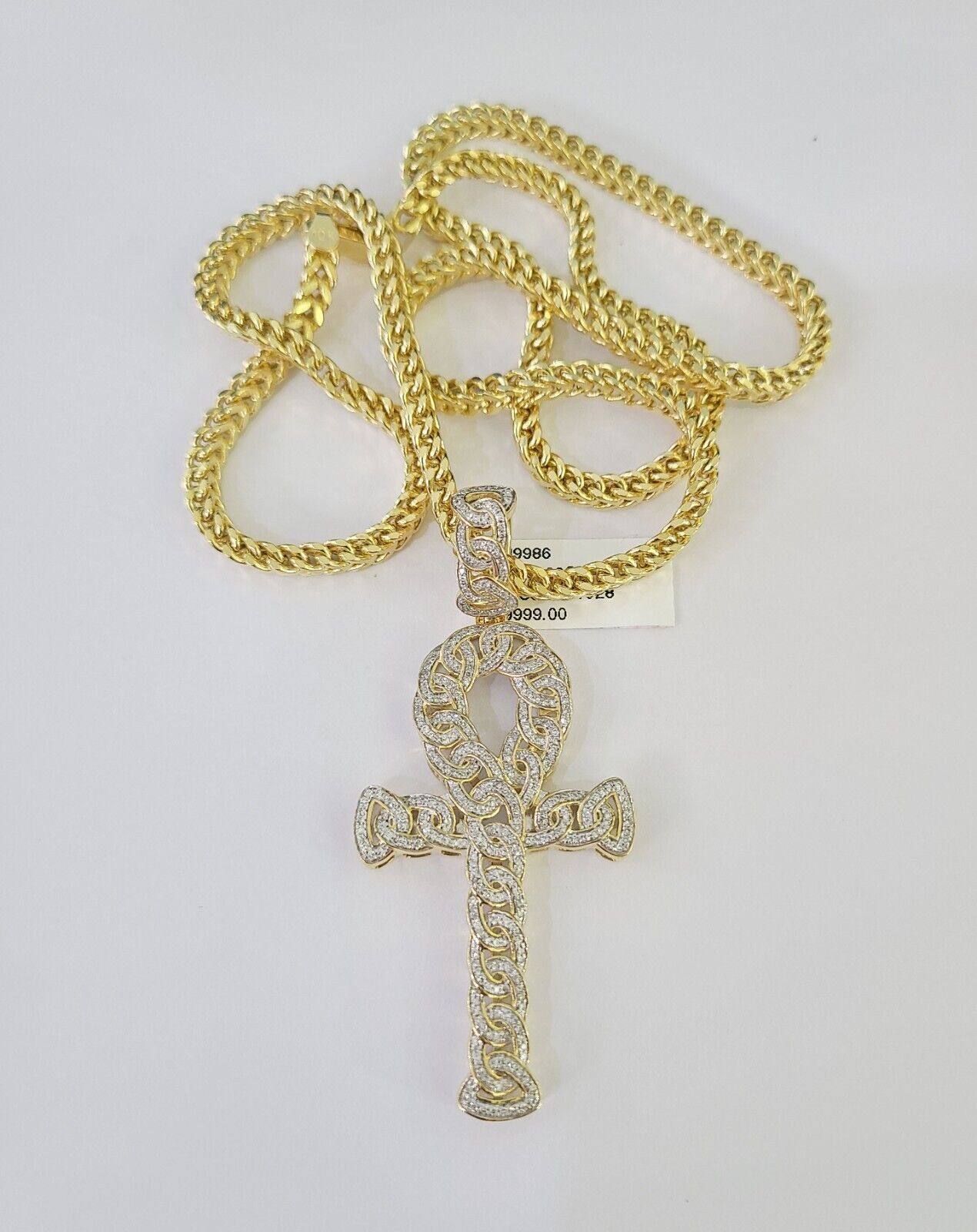 10K gold diamond Jesus cross pendant necklace with Franco chain links