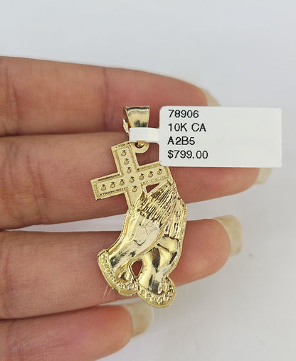 10K Gold Miami Cuban Chain Praying Hands Charm 18"-30" 3mm REAL Pendant