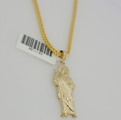 Real 10k Gold Chain Pendant Set Franco Necklace Saint Jude Charm 2.5mm 18"-24"