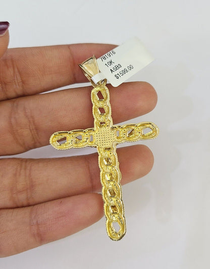 Front view of Jesus cross pendant necklace in 10K gold with Franco chain