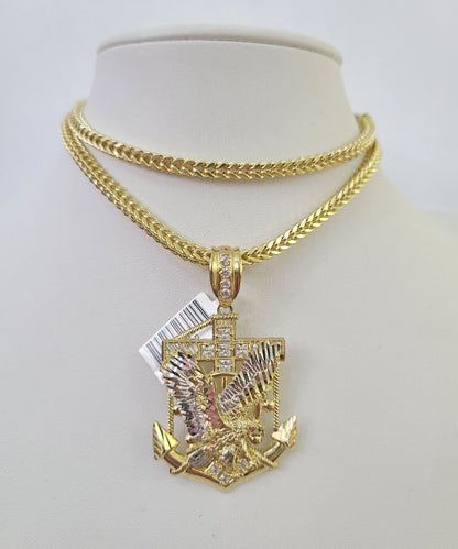 Polished 10K gold eagle anchor pendant necklace with chain links