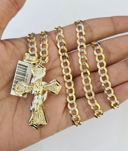 10k Solid Gold Cuban Curb Chain Jesus Cross Pendant 6mm 20"-30" SET Necklace
