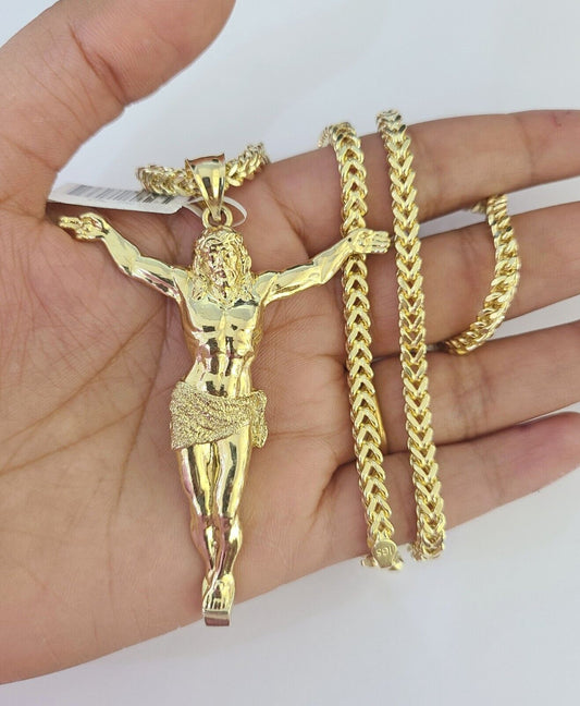 10K Franco Chain Jesus Pendant Charm Necklace 20"-28" 4mm Gold SET Yellow