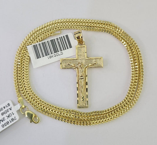 Side angle view of Franco chain necklace featuring Jesus cross pendant charm