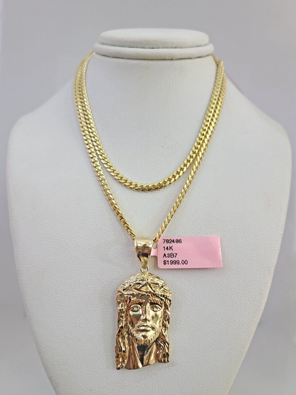 14k Gold Solid Chain Jesus Head Pendant Set 14kt Miami Cuban Link 3mm Charm