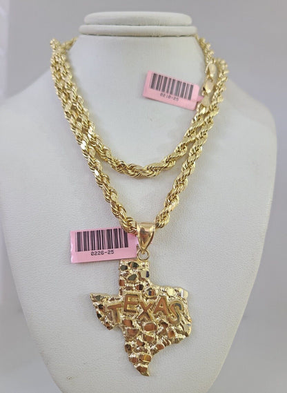 14k Gold Rope Chain Necklace Set 6mm Texas Map Charm Pendant 18"-28" inch