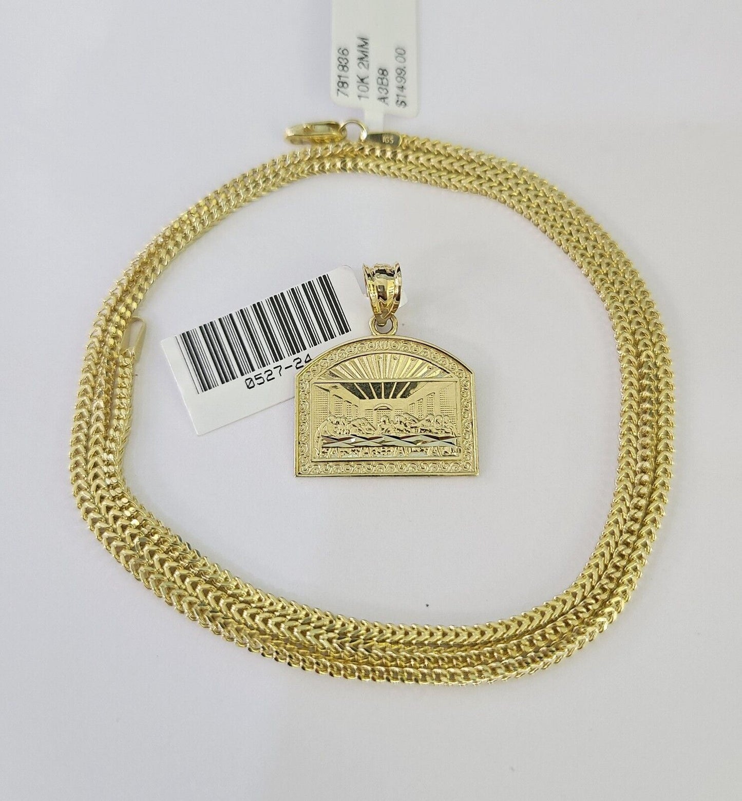 10K yellow gold Last Supper pendant and Franco chain necklace set by Reva Jeweler