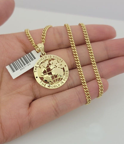 Real 10k Gold Chain Pendant SET World's Your Charm Miami Cuban Link Necklace 22"